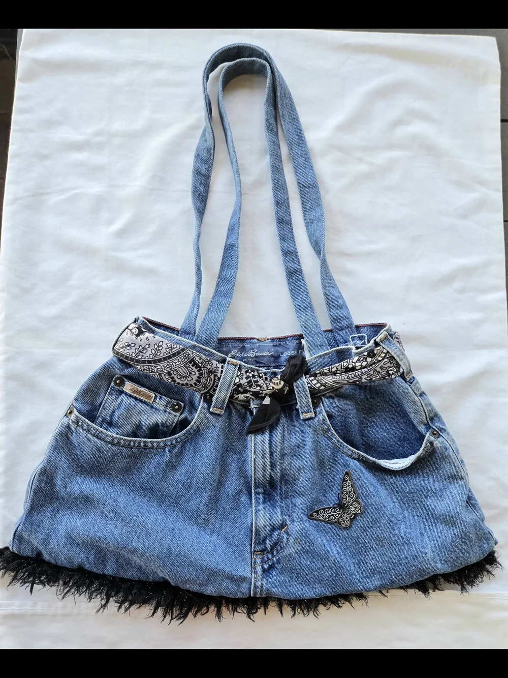 Vtg Upcycled Eddie Bauer Denim Tote Bag – Boho Y2K Butterfly & Bandana Purse